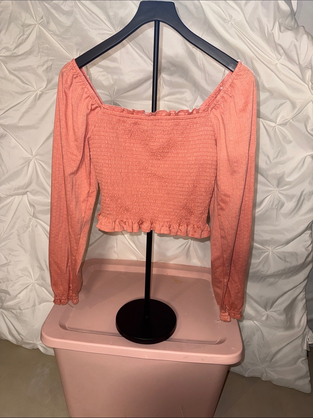 SO Coral Pink Smocked Ruffle Long-Sleeve Crop Top